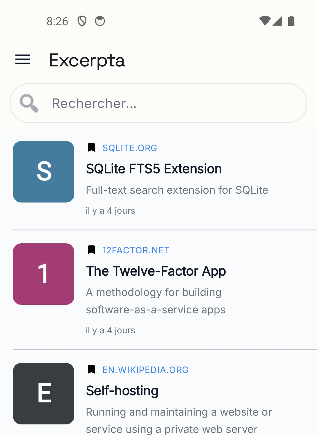 L'application Android Excerpta, liste des liens